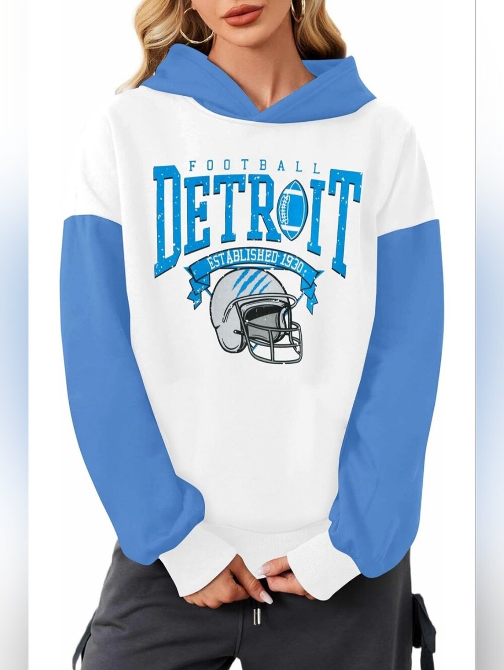 Detroit Football Hoodie Sweatshirt White Blue Game Day L Stadium style